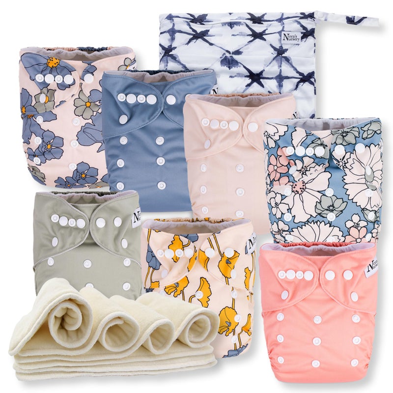 Nora's Nursery Noras Nursery Cloth Diapers 7 Pack with 7 Inserts 1 Wet Bag Waterproof Cover Washable Reusable One Size Adjustable Pocket Diapers for Newborns and Toddlers Delilah