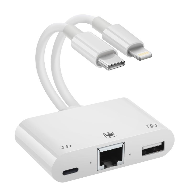 Giochem 2 in 1 Lightning and Type C to RJ45 Ethernet Adapter Network Adapter, with Charge Port and USB Port Support USB Flash Drive/Keyboard/Mouse/Came, Plug and Play,Supports 100Mbps Ethernet Network - Image 1