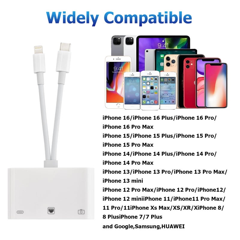Giochem 2 in 1 Lightning and Type C to RJ45 Ethernet Adapter Network Adapter, with Charge Port and USB Port Support USB Flash Drive/Keyboard/Mouse/Came, Plug and Play,Supports 100Mbps Ethernet Network - Image 5