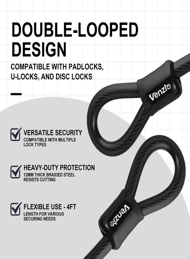 Venzio Heavy Duty 4FT 12mm (1/2 inch) Bike Lock Cable with Loops, Security Steel Lock Cable, PVC Coated Anti-Theft Chain for Bicycle, Gate, Grill, Generator - Image 3