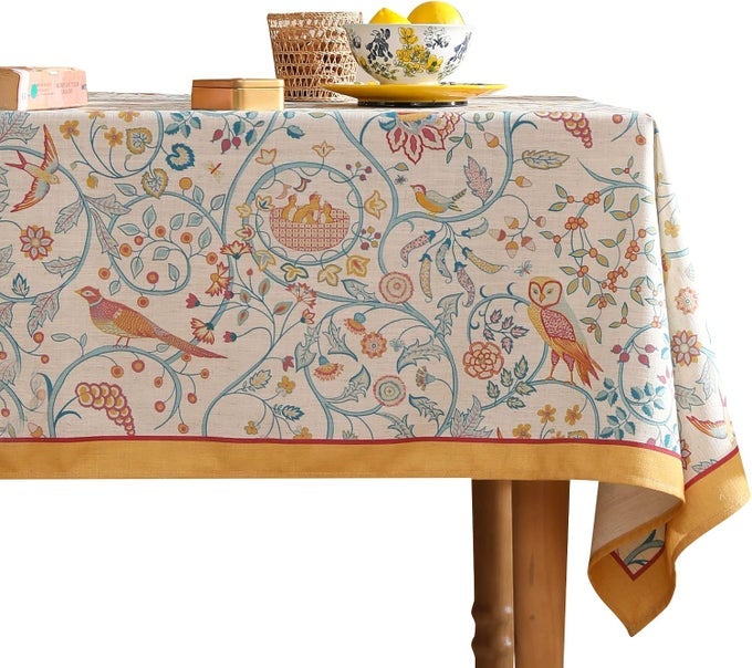 DESIGNER YELLOW FRENCH SPRING SUMMER TABLECLOTHRUSTIC LINEN FLORAL BIRDS TABLE CLOTH FOR RECTANGLE TABLESDECOR TABLE COVER FOR KITCHEN DINING HOLIDAY BANQUETCHRISTMAS67118