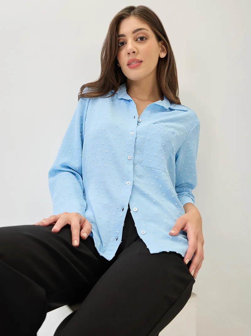 globus Women Cuffed Sleeves Self Design Chest Pocket Curved Hem Shirt