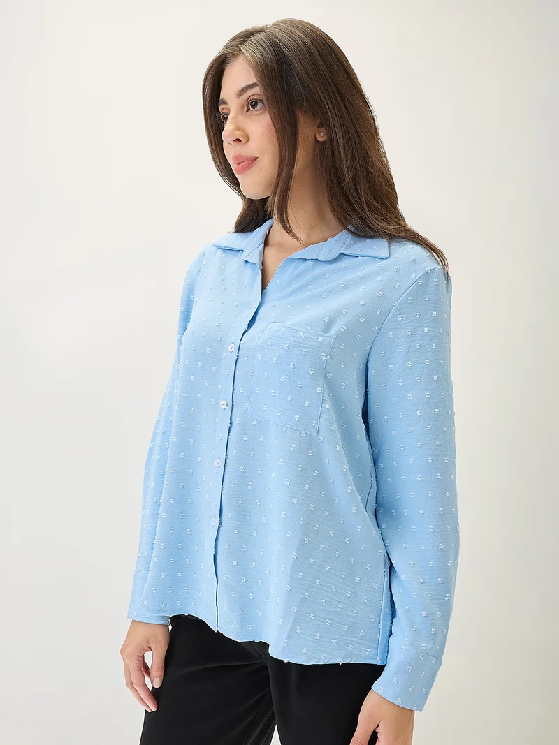 globus Women Cuffed Sleeves Self Design Chest Pocket Curved Hem Shirt