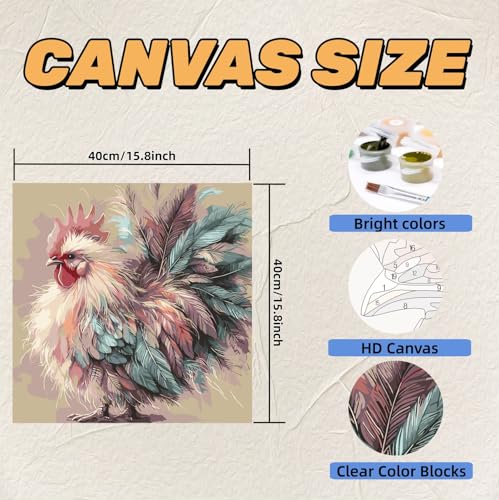 Acelii Colorful Rooster Paint by Numbers Kit for Adults BeginnerCock Oil Painting Kit Adult Paint by Number Kits on CanvasDIY Chicken Painting for Beginners Art by Numbers Home Wall Decor 158x158 Inch - Image 3