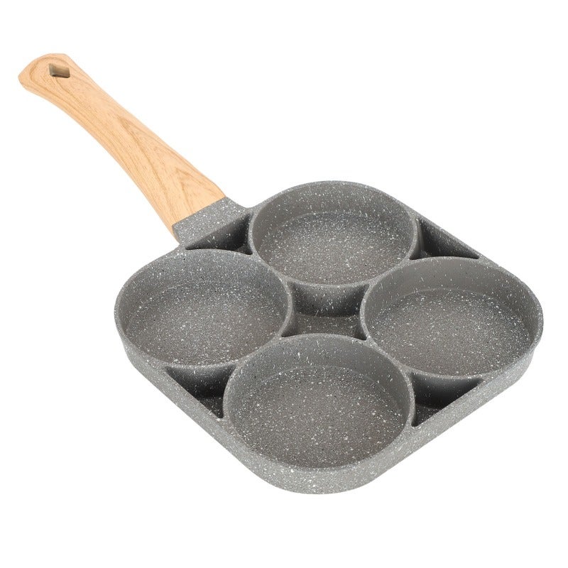 4-Hole Non-Stick Frying Pan: Food-Grade Aluminum, Even Heat Distribution - Wooden Handle Egg Pan for Breakfast Sandwiches, Omelets and Pancakes - Image 4