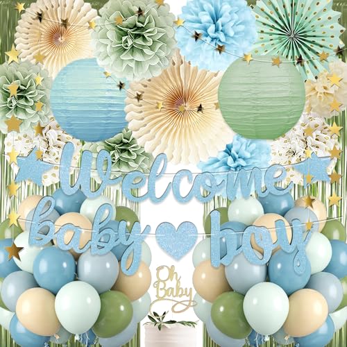 Vztipki Dusty Blue Sage Green Baby Shower Decorations Welcome Baby Boy Banner Retro Seablue Green Balloons Oh Baby Cake Topper Pom Poms Flowers Paper Fan For Birthday Jungle Boho BlueParty Dcor - Image 1