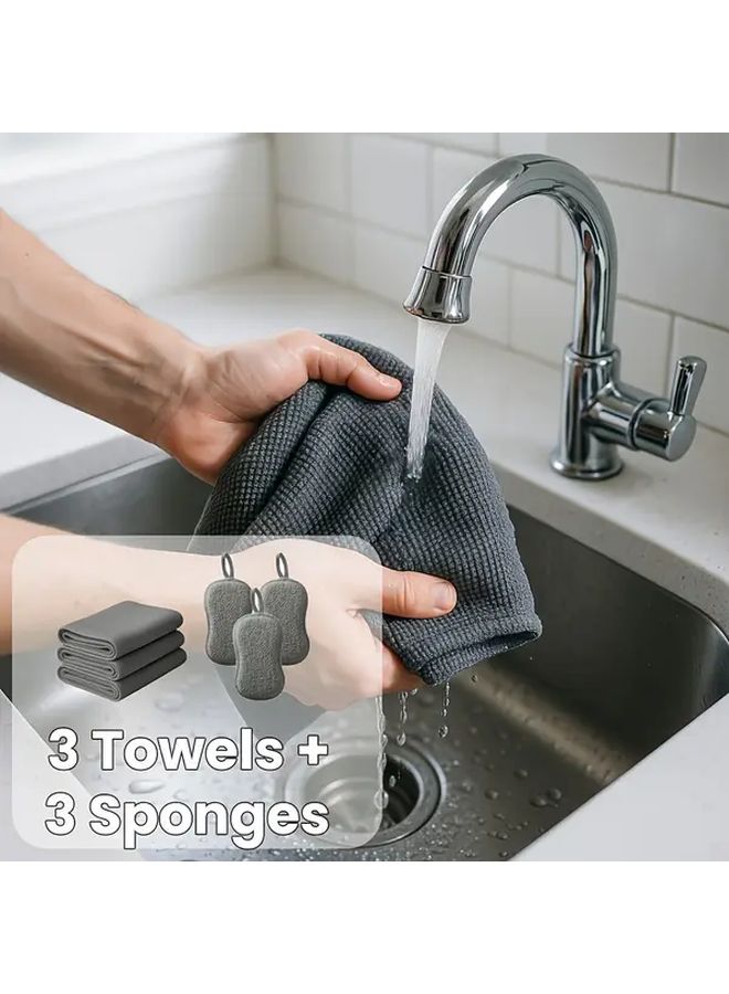 6Pcs Gray Microfiber Cleaning Cloth And Sponge Set Absorbent Towels And Double Sided Scrub Sponges Reusable For Kitchen Car Bathroom Dishware Non Scratch Cleaning Pads - Image 3
