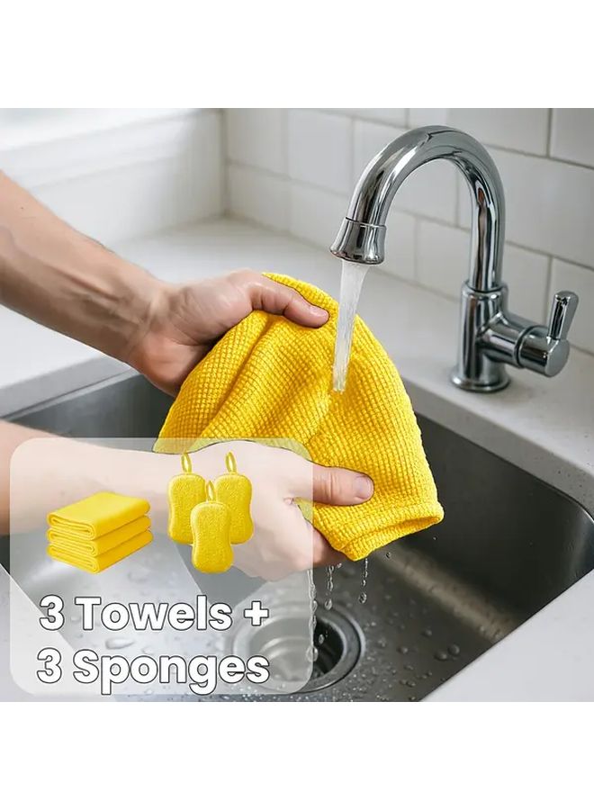 6Pcs Gray Microfiber Cleaning Cloth And Sponge Set Absorbent Towels And Double Sided Scrub Sponges Reusable For Kitchen Car Bathroom Dishware Non Scratch Cleaning Pads - Image 2
