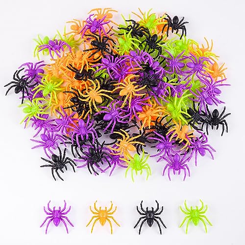 JIALWEN 120 Pieces Realistic Halloween Plastic Spiders 4 Colors Small Spider Toys Fake Spiders Terror Funny Prank Props for Halloween Home and Party Decorations - Image 1