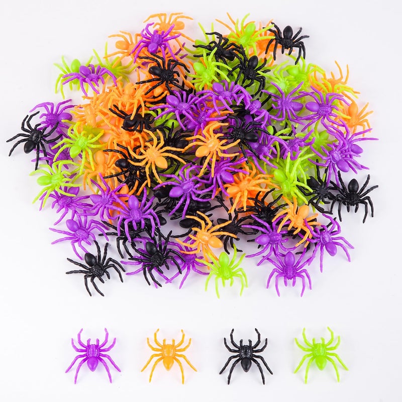 JIALWEN 120 Pieces Realistic Halloween Plastic Spiders 4 Colors Small Spider Toys Fake Spiders Terror Funny Prank Props for Halloween Home and Party Decorations - Image 3
