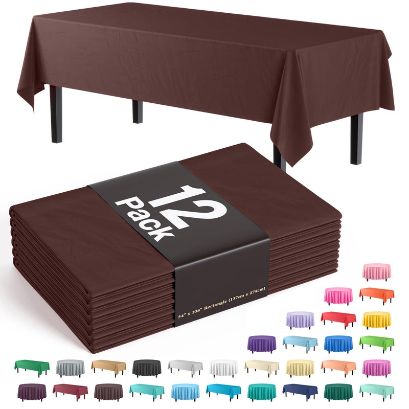 Exquisite 12-Pack Premium Plastic Tablecloth 54in. x 108in. Rectangle Table Cover - Brown - Image 1