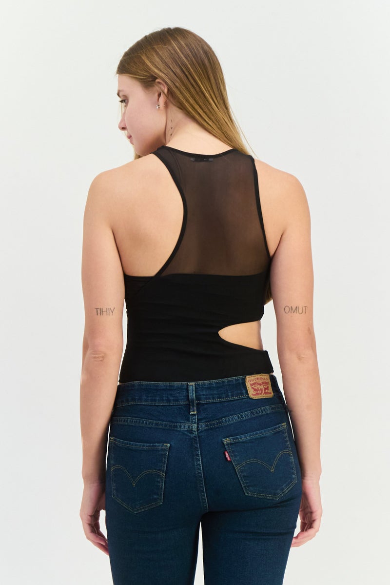 Bershka Women Round Neck Sleeveless Lace Bodysuits, Black  - Image 3