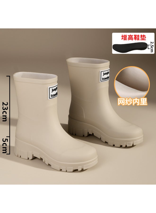 Outdoor Ultra-modern Mid-calf Fashionable Waterproof Drawstring Women's Rain Boots With Fleece Lining, Suitable For Rainforest , Non-slip, Warm, And Durable Rubber Shoes