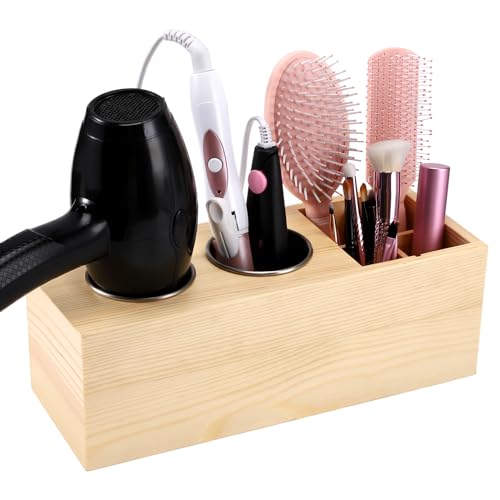 RAIKEDR Hair Dryer Countertop Holder, Hair Tool Organizer Wall Mount, Blow Dryer Holder Organizer, Bathroom Countertop Blow Dryer Holder and Curling Iron Holder (Cedar Wood, Log color) - Image 1