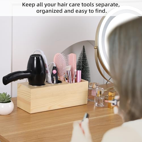 RAIKEDR Hair Dryer Countertop Holder, Hair Tool Organizer Wall Mount, Blow Dryer Holder Organizer, Bathroom Countertop Blow Dryer Holder and Curling Iron Holder (Cedar Wood, Log color) - Image 3