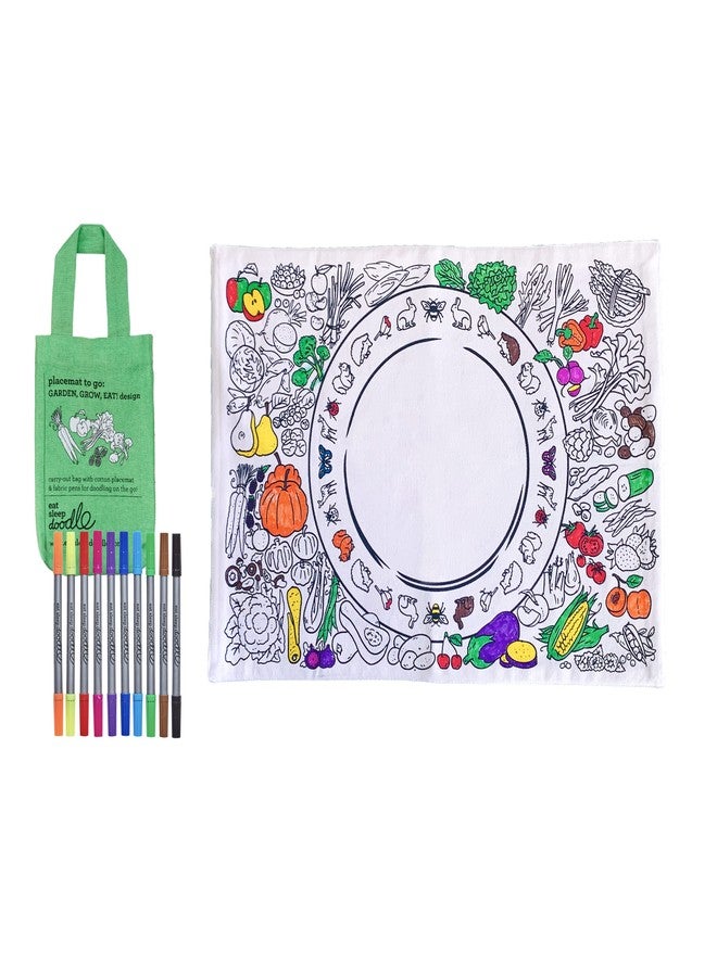 eatsleepdoodle Fruit and Vegetable placemat in its own Cotton Bag to Color-in Features a Fun, Educational Coloring Placemat, Washable Felt tip Fabric Markers Included - Image 1