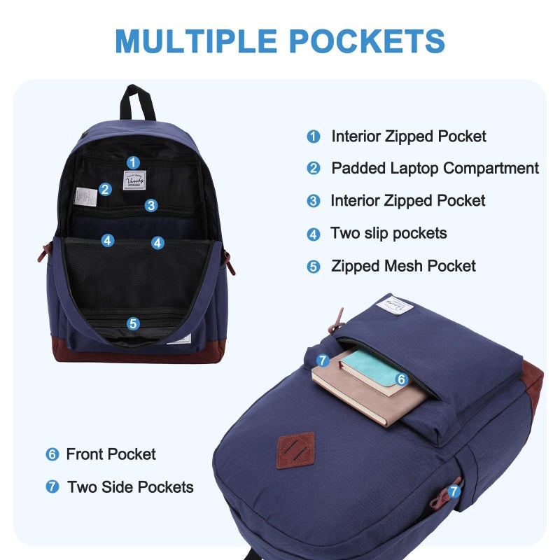 VASCHY School Backpacks for Adults Classic Lightweight Water Resistant Campus Rucksack Blue - Image 3