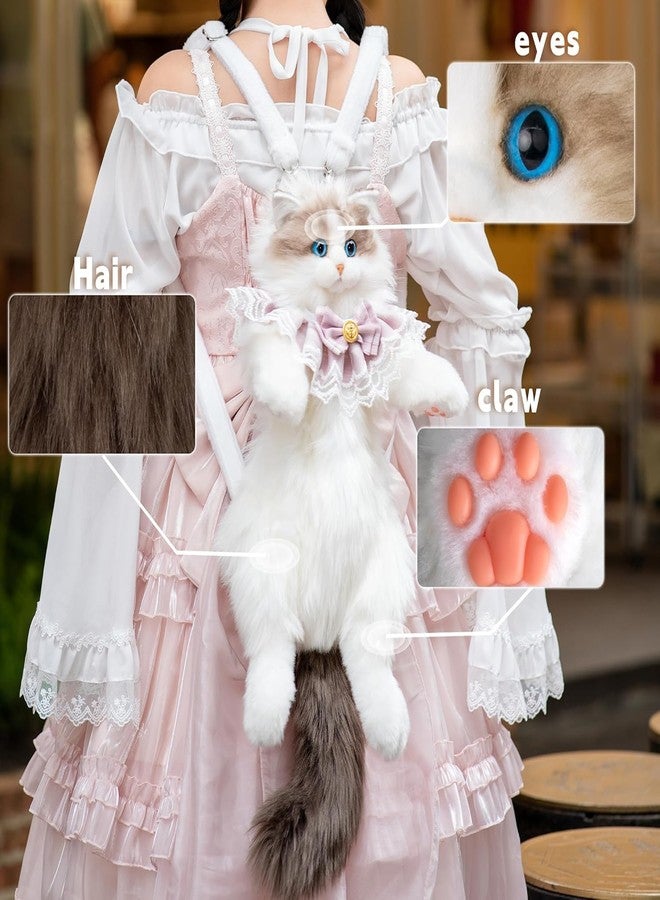 CRAZYABBS Ragdoll Cat Plush Backpack - Fluffy Realistic Stuffed Animal Shoulder Bag with Elegant Lace Bow Collar, Kawaii Kitten Purse for Girls - Image 2