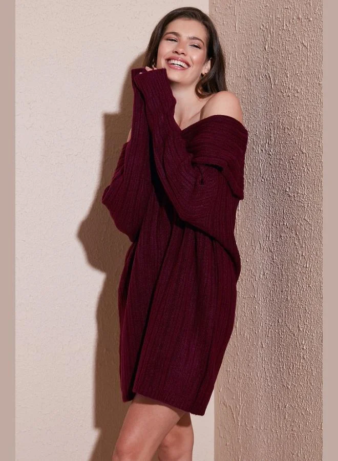 ليلا فستان قصير محبوك بأكمام طويلة ورقبة قارب بقصة واسعة للنساء