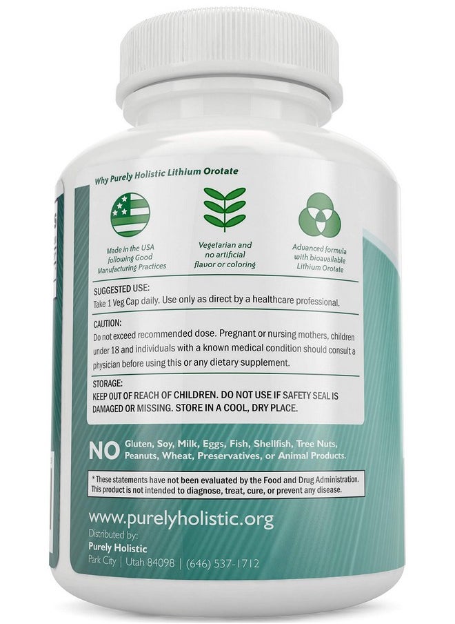 Purely Holistic - Lithium Orotate 5mg, 180 Vegetarian Lithium Capsules, Supplement Lithium Orotate 5mg, 180 Vegetarian Lithium Capsules, Helps Maintain Healthy Mood, Behavior Memory and Wellness - Image 1