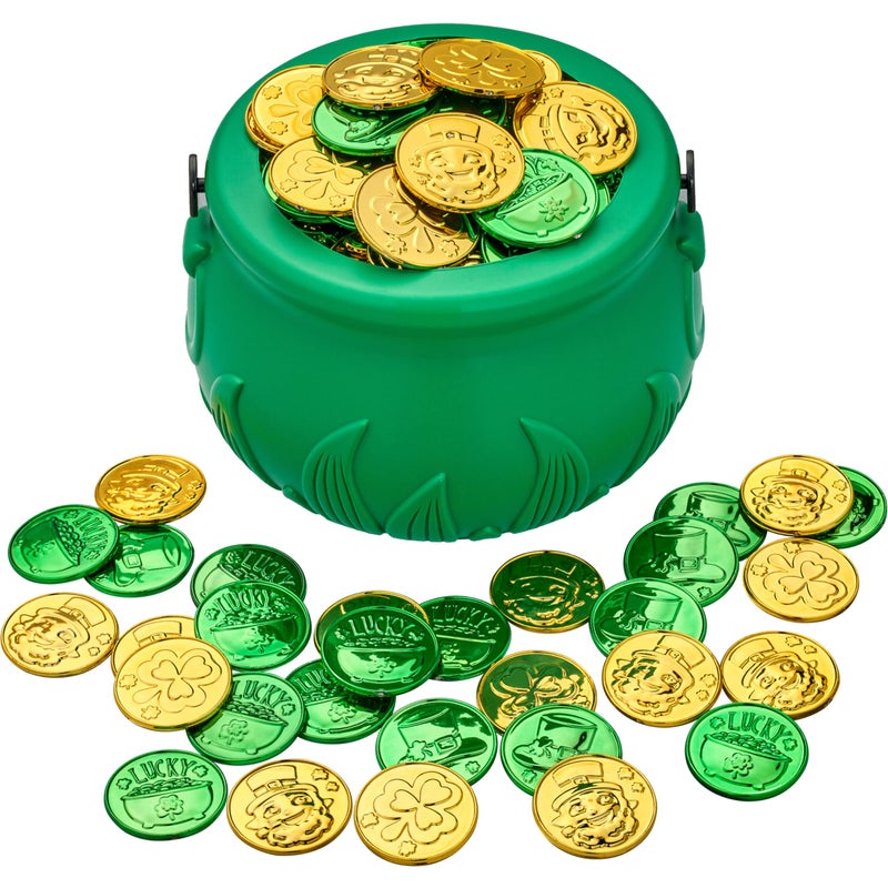 JOYIN 209PCS St Patrickâ€™s Day Pot of Gold Set, 208 Lucky Leprechaun Plastic Coins and 1 Green Cauldron with Handle Saint Patricks Party Supplies - Image 1