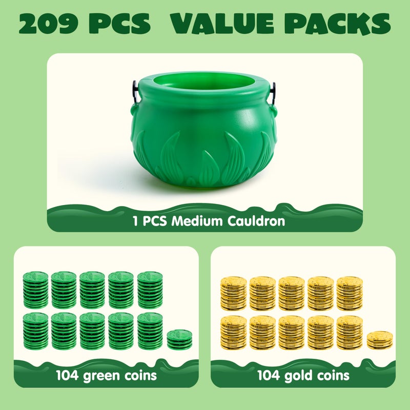 JOYIN 209PCS St Patrickâ€™s Day Pot of Gold Set, 208 Lucky Leprechaun Plastic Coins and 1 Green Cauldron with Handle Saint Patricks Party Supplies - Image 2