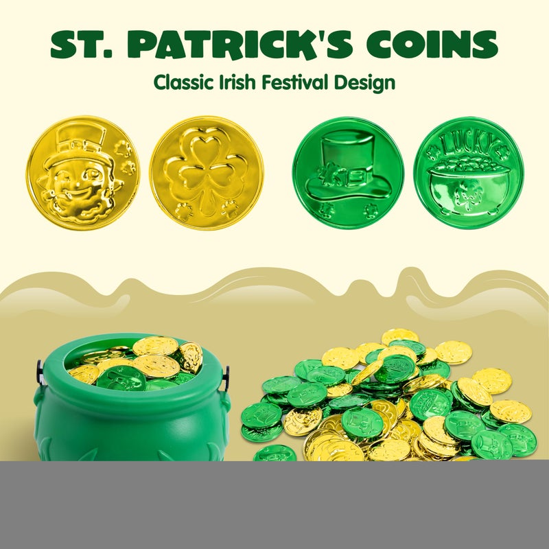 JOYIN 209PCS St Patrickâ€™s Day Pot of Gold Set, 208 Lucky Leprechaun Plastic Coins and 1 Green Cauldron with Handle Saint Patricks Party Supplies - Image 4