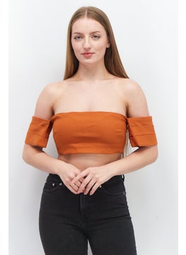 Women Off Shoulder Short Sleeve Solid Crop Top, Rust