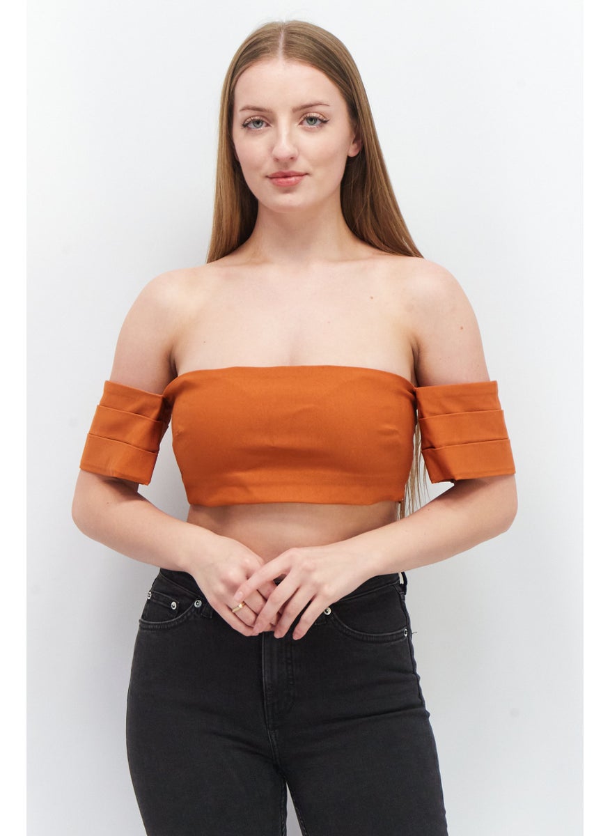 Vesper - Women Off Shoulder Short Sleeve Solid Crop Top, Rust - Image 1