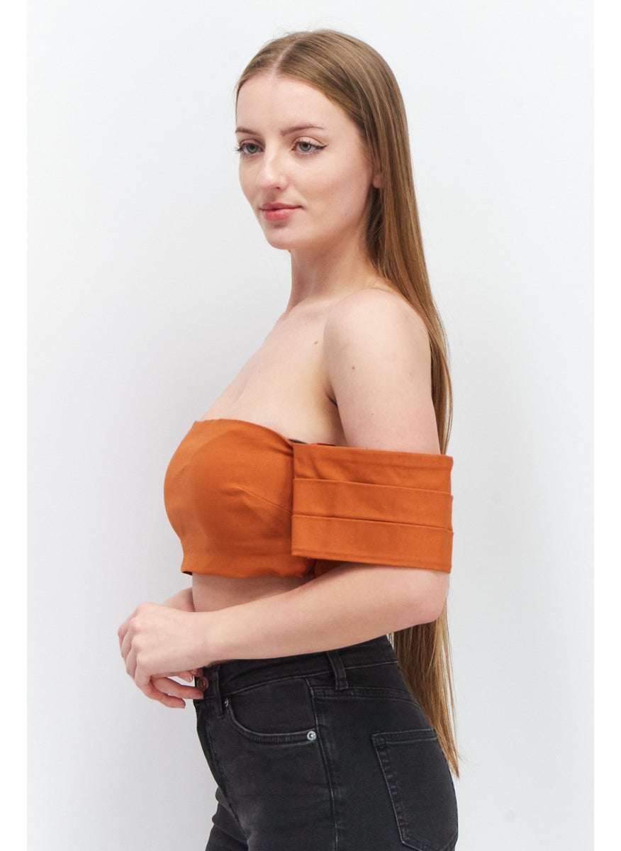 Vesper - Women Off Shoulder Short Sleeve Solid Crop Top, Rust - Image 1