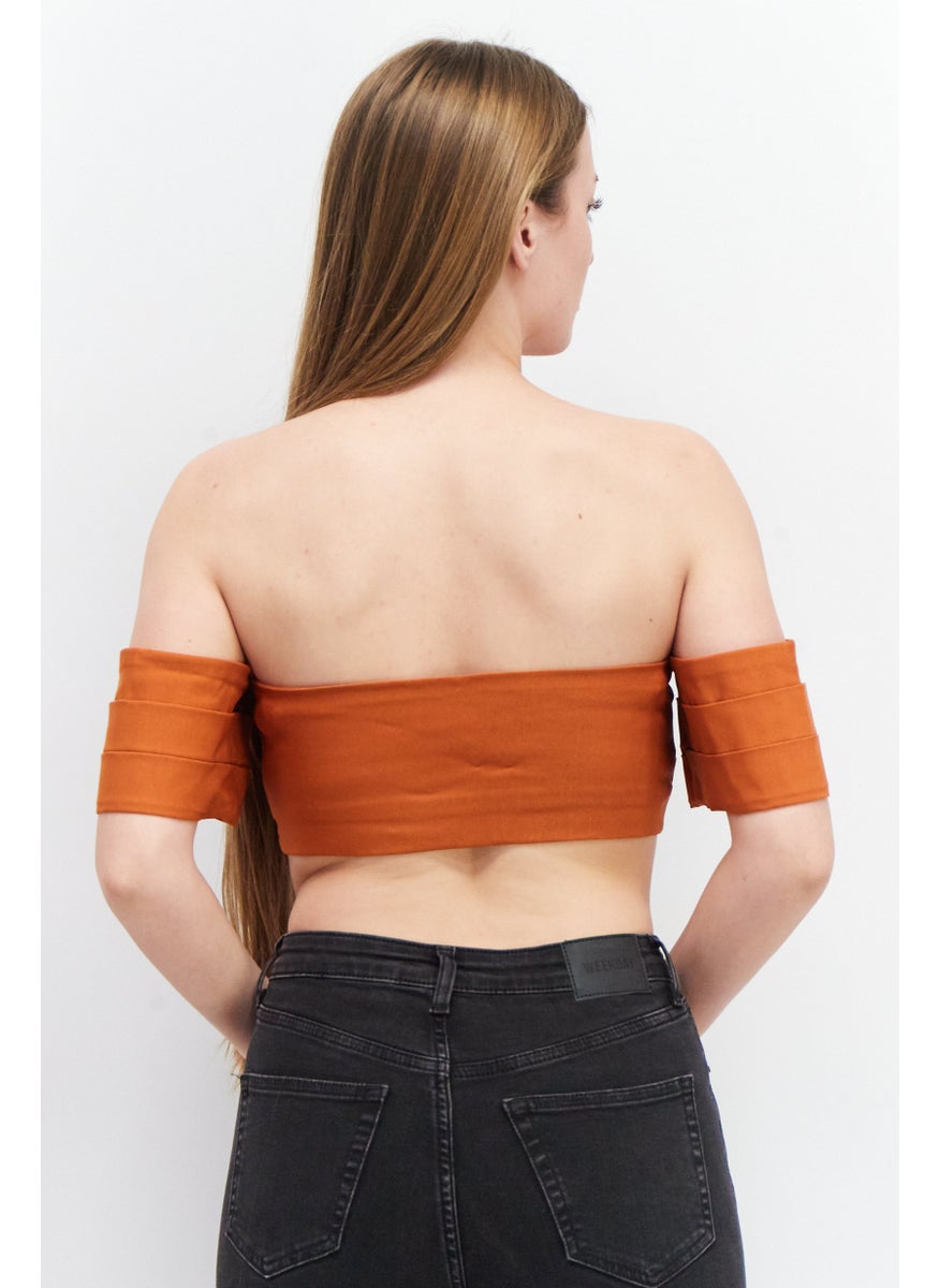 Vesper - Women Off Shoulder Short Sleeve Solid Crop Top, Rust - Image 1