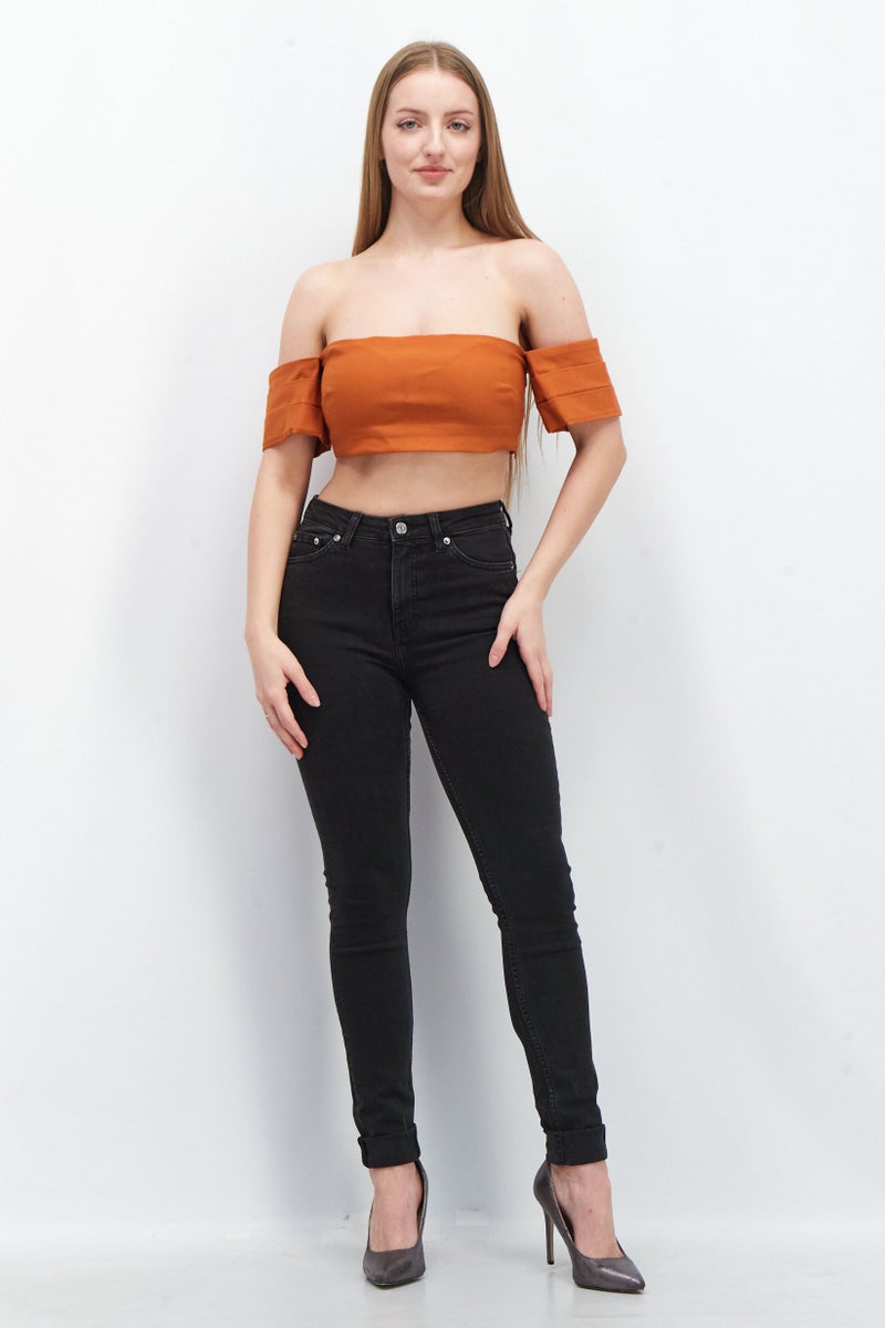 Vesper Women Off Shoulder Short Sleeve Solid Crop Top, Rust - Image 3
