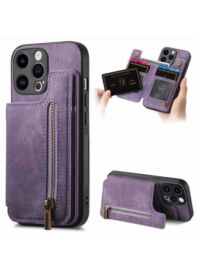 Green Tiger For iPhone 15 Pro Max Retro Leather Zipper Wallet Back Phone Case(Purple)