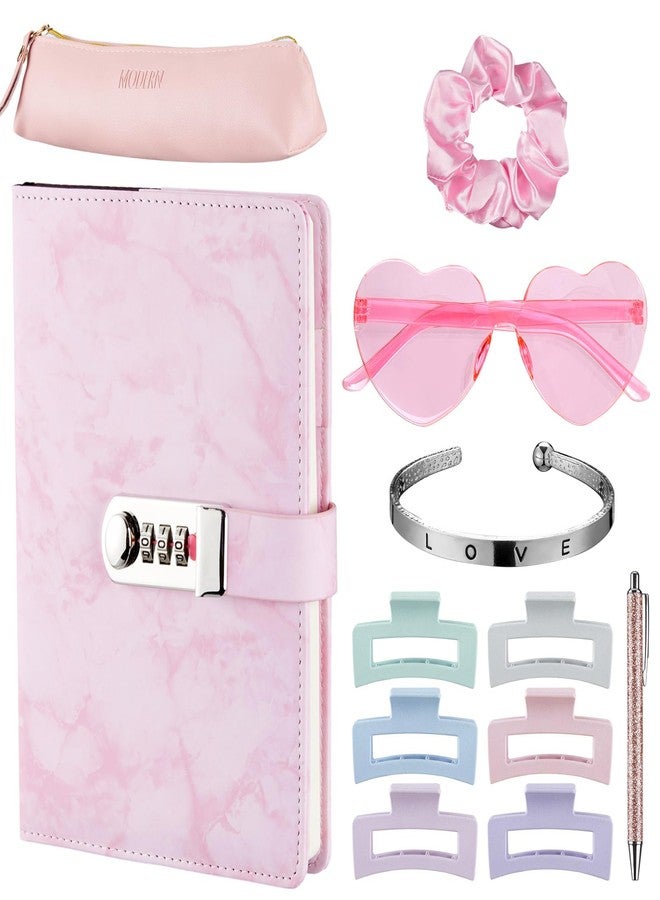 Zhanmai 62 Pieces Diary with Lock for Journal for Writing Gift 200 Pages Secret Notebook with Lock Includes Pencil Pouch Pen Hearted Glasses Stickers Hair Clip Scrunchy Bracelet - Image 1