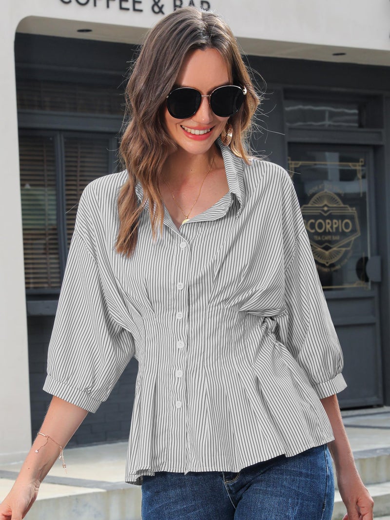 Nlife Women Striped Pleated Peplum Blouse 3/4 Sleeve Button Down Shirt Slim Waist Lapel Collar Business Casual Work Top - Image 5