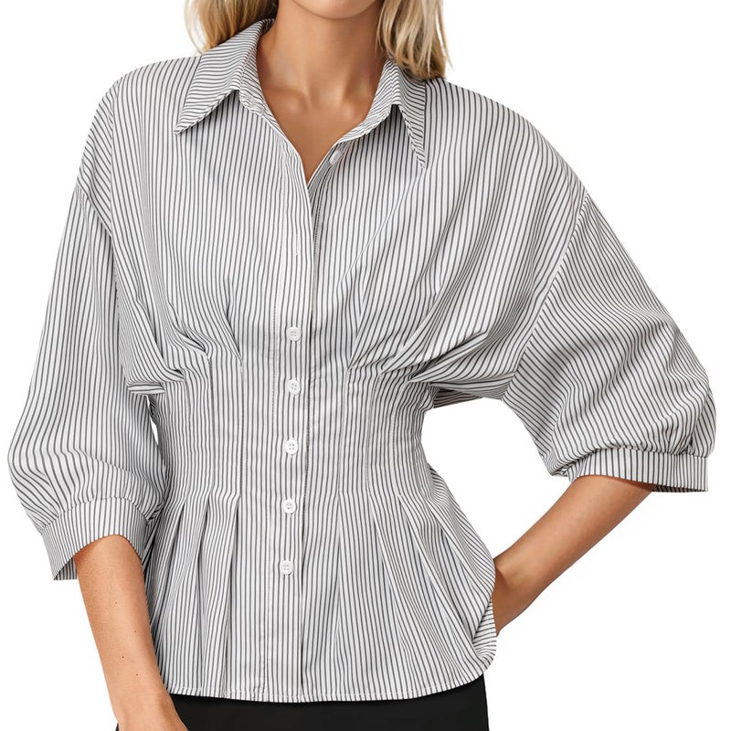 Nlife Women Striped Pleated Peplum Blouse 3/4 Sleeve Button Down Shirt Slim Waist Lapel Collar Business Casual Work Top - Image 1