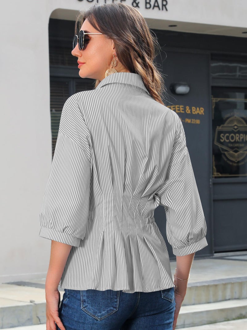 Nlife Women Striped Pleated Peplum Blouse 3/4 Sleeve Button Down Shirt Slim Waist Lapel Collar Business Casual Work Top - Image 3