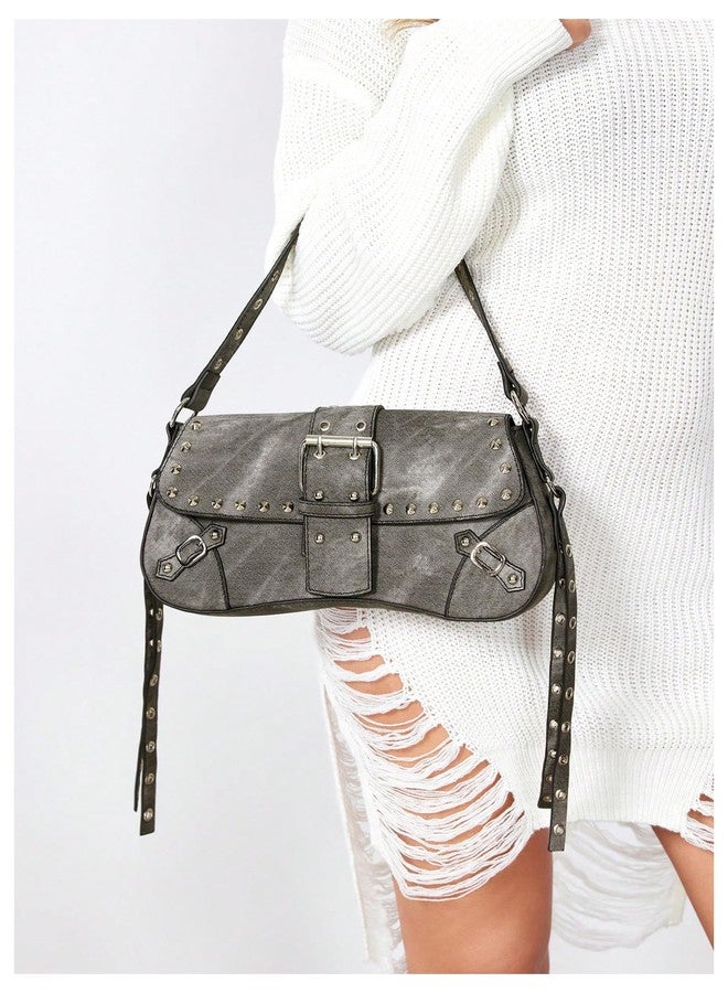 MakeMeChic Women's Shoulder Bags Y2K PU Leather Clutch Small Purse Hobo Bags Grey One Size - Image 2