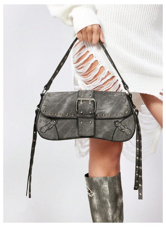 MakeMeChic Women's Shoulder Bags Y2K PU Leather Clutch Small Purse Hobo Bags Grey One Size - Image 5