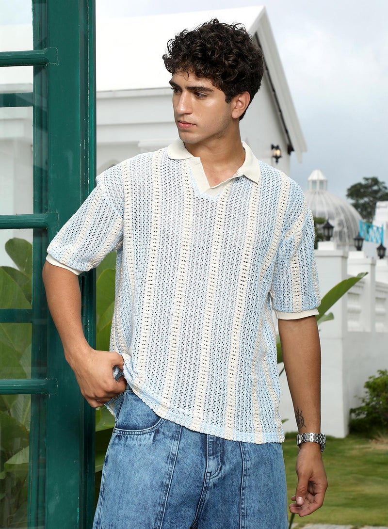 Campus Sutra Campus Sutra Men's Baby Blue Striped Crochet Polo T-Shirt | Polo Neck , Short Ribbed Cuff Sleeves , - Closure , Straight Hem | Stripes Crochet | Cotton-Blend T-shirt For Casual Wear  - Image 1