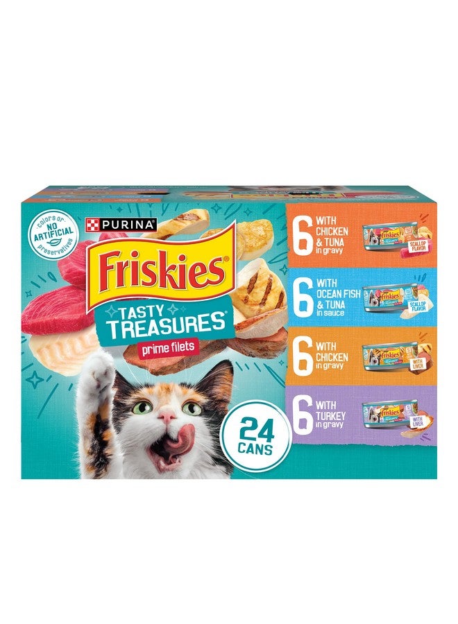 فريسكس مجموعة متنوعة من طعام القطط الرطب من بورينا فريسكيز، فيليه "تاستي تريجرز برايم" (مع دجاج وتونة، مع دجاج، مع سمك المحيط وتونة، ومع ديك رومي) - (عبوة من ٢٤ علبة) ٥.٥ أونصة - Image 1