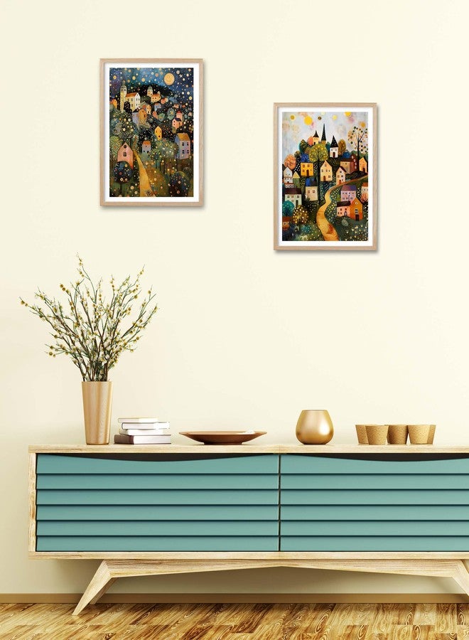 HesenDot Natural OAK Wood Frame Wall Art,12x16in Gustav Klimt Style Moon Stars Tree Canvas Print Posters Art,Village Night Wall Decor for Living Room Bedroom Home, Set of 1 - Image 3