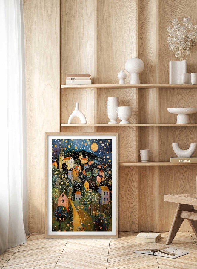 HesenDot Natural OAK Wood Frame Wall Art,12x16in Gustav Klimt Style Moon Stars Tree Canvas Print Posters Art,Village Night Wall Decor for Living Room Bedroom Home, Set of 1 - Image 2