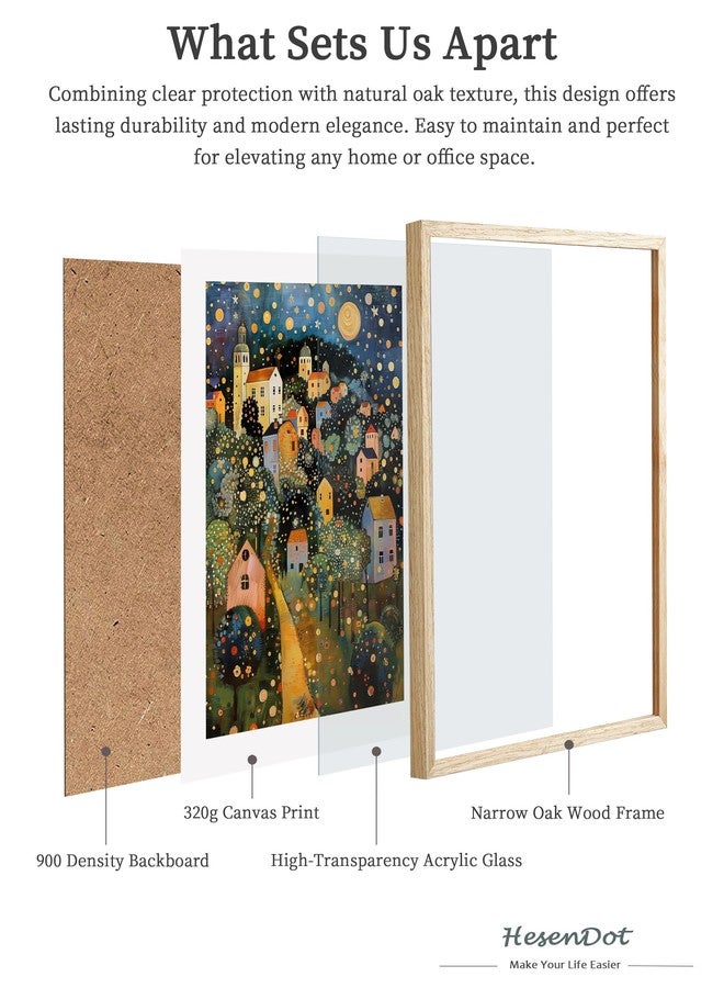 HesenDot Natural OAK Wood Frame Wall Art,12x16in Gustav Klimt Style Moon Stars Tree Canvas Print Posters Art,Village Night Wall Decor for Living Room Bedroom Home, Set of 1 - Image 4