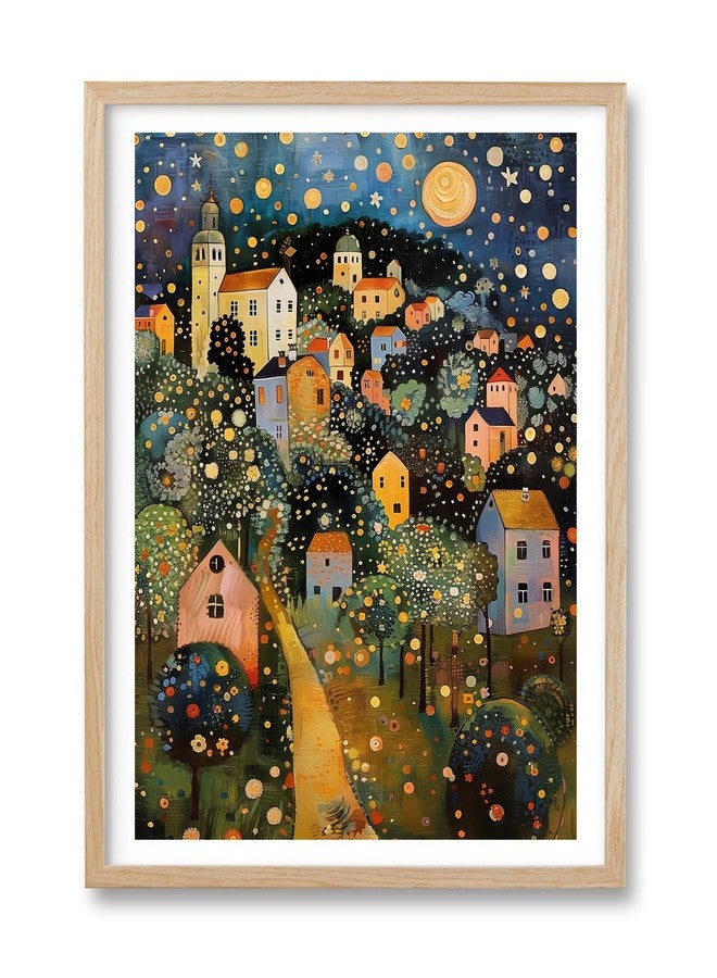 HesenDot Natural OAK Wood Frame Wall Art,12x16in Gustav Klimt Style Moon Stars Tree Canvas Print Posters Art,Village Night Wall Decor for Living Room Bedroom Home, Set of 1 - Image 1