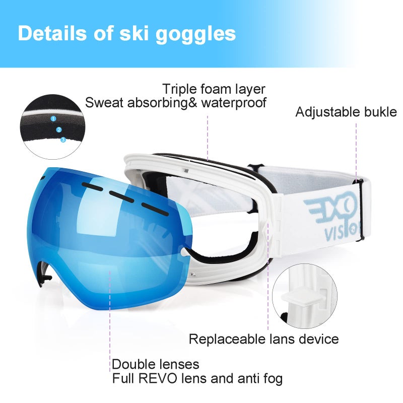 EXP VISION نظارات EXP VISION للتزلج على الجليد للرجال والنساء والشباب مضادة للضباب OTG نظارات ثلج شتوية عدسة كروية قابلة للفصل (أزرق داكن) - Image 4