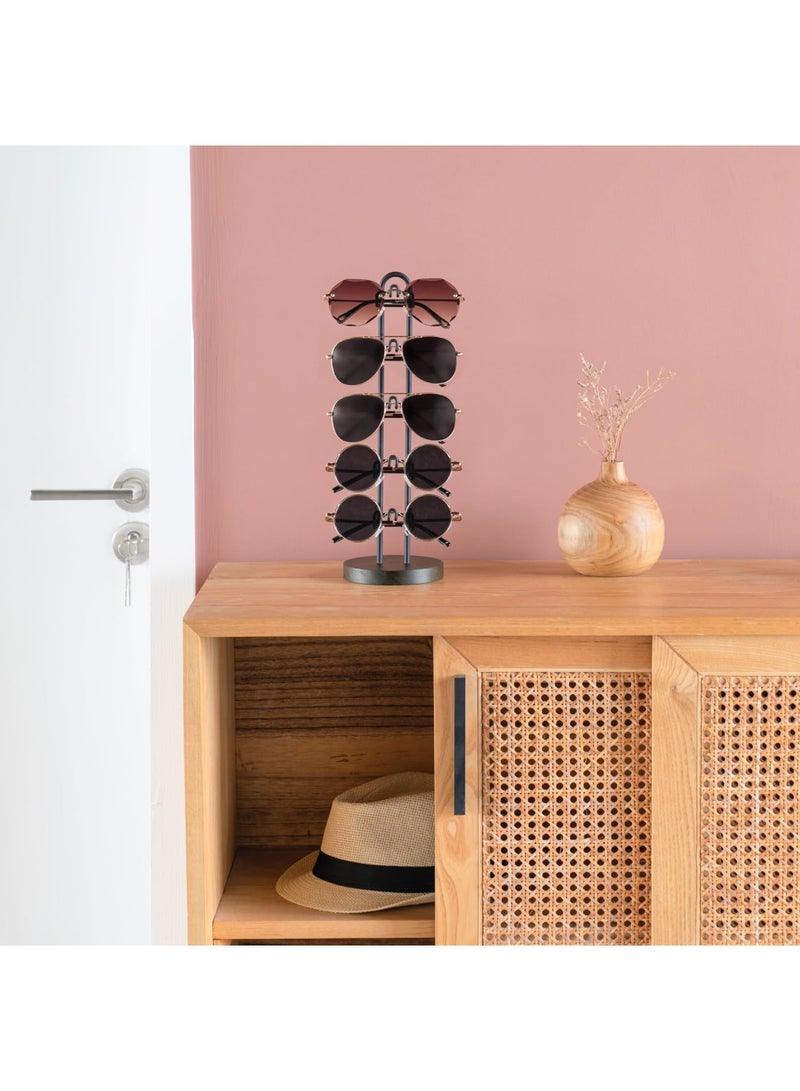 SYOSI منظم نظارات حامل نظارات، إطار معدني مع قاعدة خشبية لعرض 5 أزواج من النظارات، تخزين مدمج للطاولة، المكتب، السطح، خزانة الملابس، غرفة النوم، رف النظارات (أسود) - Image 2