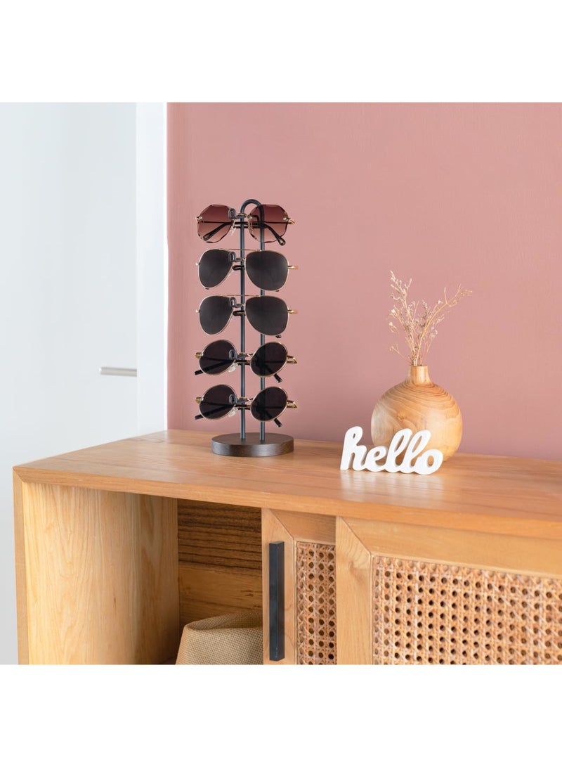SYOSI منظم نظارات حامل نظارات، إطار معدني مع قاعدة خشبية لعرض 5 أزواج من النظارات، تخزين مدمج للطاولة، المكتب، السطح، خزانة الملابس، غرفة النوم، رف النظارات (أسود) - Image 3