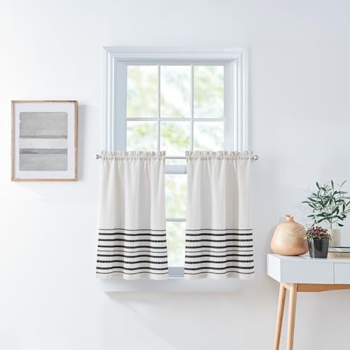 Curtainworks Boho Kitchen Curtains Tier and Valance Set 3Piece Light Filtering Global Woven Striped 28W x 36L Tier Pair 56W x 14L Valance White Black Stripe - Image 3