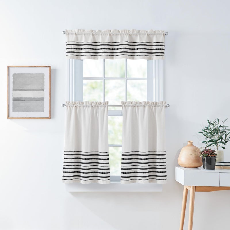 Curtainworks Boho Kitchen Curtains Tier and Valance Set 3Piece Light Filtering Global Woven Striped 28W x 36L Tier Pair 56W x 14L Valance White Black Stripe - Image 2